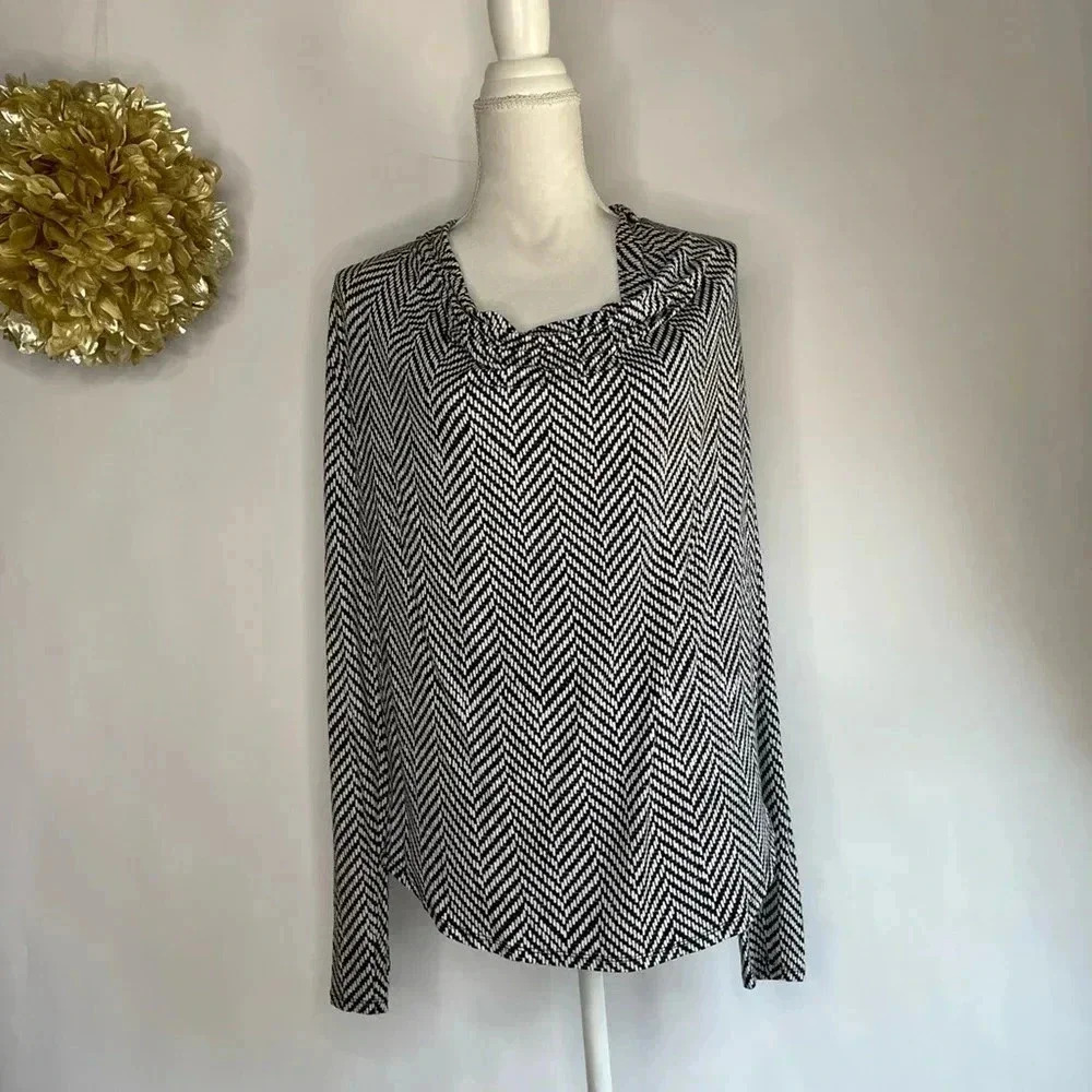 Michael Kors Womens Blouse Black Herringbone Long Sleeve Drape Neck Stretch M
